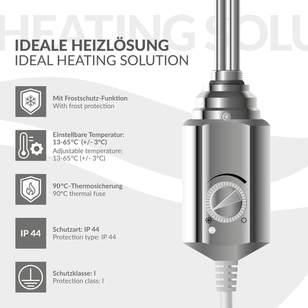 Opvarmet håndklæde radiator med opvarmning element 900 W ECD Germany Model Sahara 600 x 1500 mm chrome lige sidetilslutning håndklædeholder