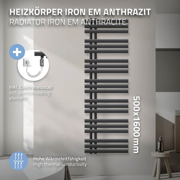 500X1600 mm Jern M Design radiator håndklæde badeværelse radiatorer Antracit 1200W