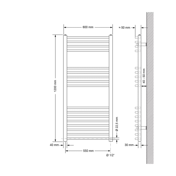 Opvarmet håndklæde radiator med opvarmning element 900 W ECD Germany Model Sahara 600 x 1200 mm hvid buet sidetilslutning håndklædeholder