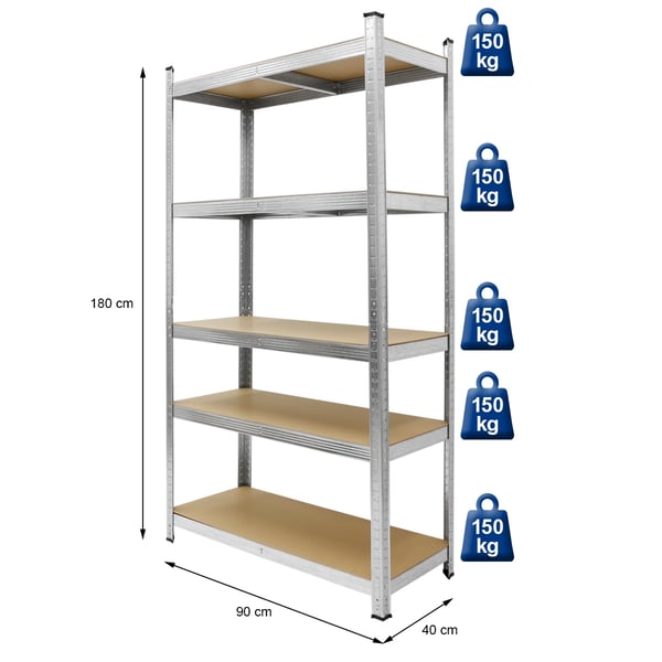 ECD Germany værkstedshylde kraftig hylde - 180x90x40 cm - galvaniseret - kan belastes op til 750 kg - 5 MDF-paneler - opbevaringshylde plug-in hylde