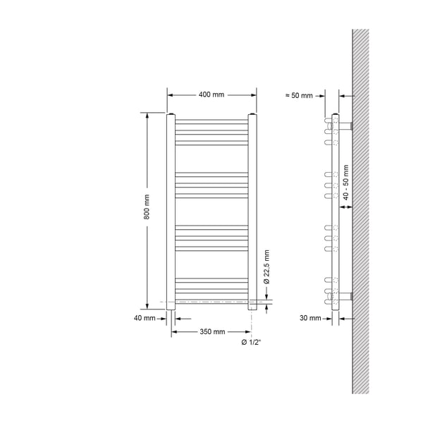 Køler Håndklæde ECD Germany Model Sahara 400 x 800 mm krom bøjet med sidetilslutning håndklædeholder