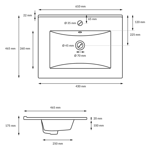 ECD Germany Håndvask Håndvask 610 x 465 x 175 mm keramisk hvid Indbygget håndvask Indbygget håndvask Vaskeskål Håndvask Indbygget håndvask Bordplade