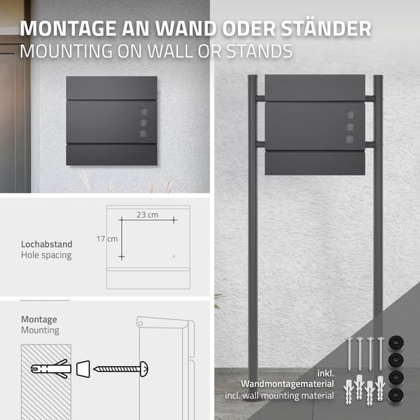 ECD Germany moderne design postkasse avisrum 37x10,5x36,5cm pulverlakeret stål antracit synsvindue 2 nøgler og monteringsmateriale - væg postkasse