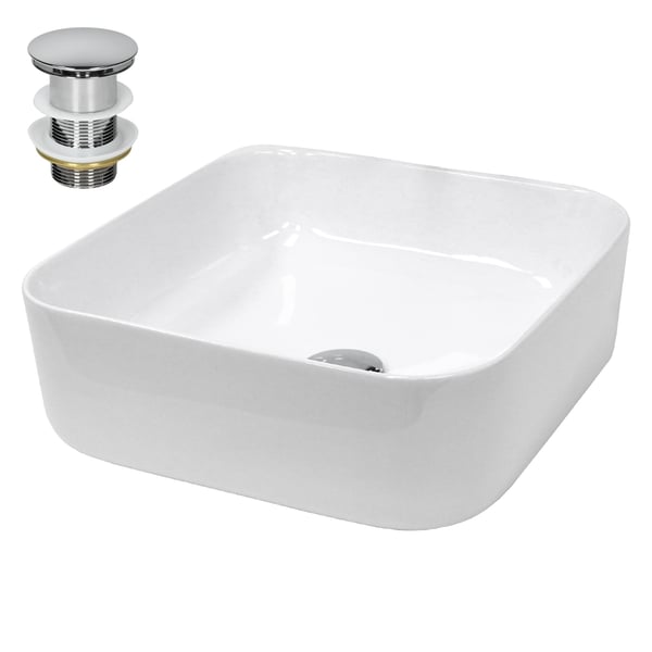 ECD Germany Badrums keramikhandfat Diskbänk Tvättställ Tvättställ Tvättställ 390 x 390 x 140 mm - Kvadratisk - Vit bänkskiva Toalett + Pop-up-avfall 1