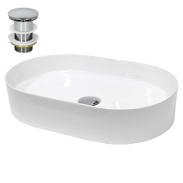 ECD Germany Badeværelse Keramisk håndvask Bordplade Vaskeskål Håndvask 605 x 380 x 125 mm - Oval - Hvid køkkenbord toilet + Pop-up affald 1 1/4 "Slids