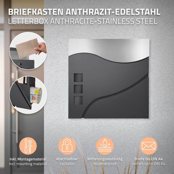 ECD Germany moderne design brevkasse med avisrum 37 x 10,5 x 36,5 cm antracit / sølv rustfrit stål synsvindue 2 nøgler og monteringsmateriale - væg