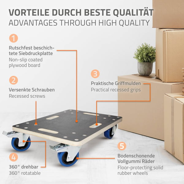 ECD Germany transportrulle med 2x parkeringsbremse 35 x 50 cm op til 800 kg silketrykplade - PP hjul rulletavle møbler rulle transporthjælp til at
