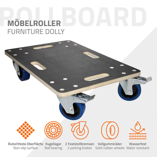 ECD Germany transportrulle med 2x parkeringsbremse 40 x 60 cm op til 800 kg silketrykplade - PP hjul rulletavle møbler rulle transporthjælp til at