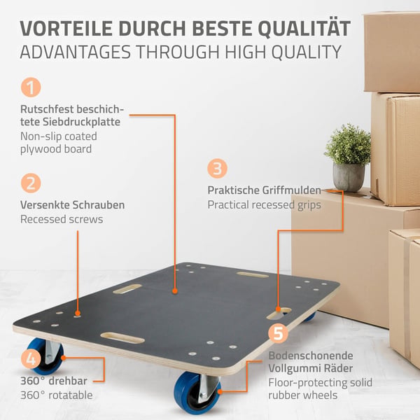 ECD Germany transportrulle 60 x 80 cm op til 800 kg silketrykplade - PP hjul rulletavle møbler rulle transporthjælp til at flytte møbler transport