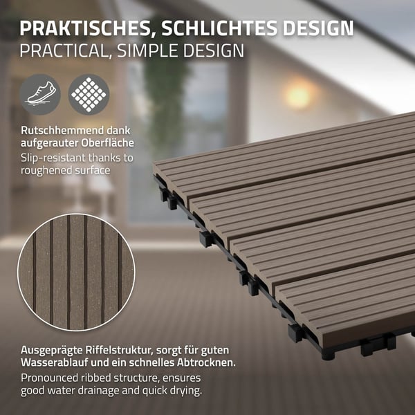 ECD Germany WPC terrassefliser 60x30 cm 6-delt sæt til 1m² mørkebrun i træ kig efter havebalkongulve med dræning og kliksystem terrassebord