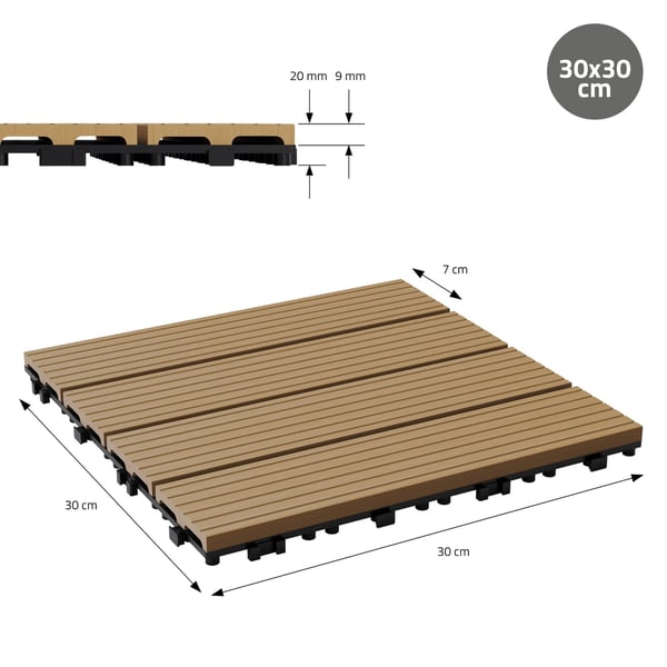 ECD Germany WPC terrassefliser 30x30 cm 11er besparelsessæt til 1m² teak i træ kig efter havebalkongulve med dræning og kliksystem terrassebord