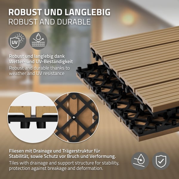 ECD Germany WPC terrassefliser 60x30 cm 6-delt økonomisæt til 1m² teak i træ kig efter havebalkongulve med dræning og kliksystem terrassebord