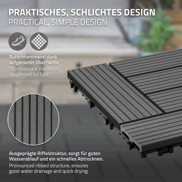 ECD Germany WPC terrassefliser 30x30cm 11er besparelsessæt til 1m² antracit mosaik træ look til havebalkongulve med dræning kliksystem terrassebord