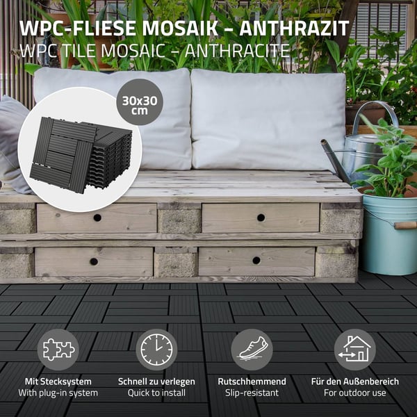 ECD Germany WPC terrassefliser 30x30cm 11er besparelsessæt til 1m² antracit mosaik træ look til havebalkongulve med dræning kliksystem terrassebord