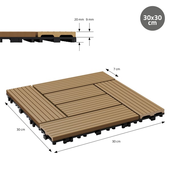 ECD Germany WPC terrassefliser 30 x 30 cm 11-delt sæt til 1m² teakmosaik træ look til havebalkongulve med dræning kliksystem terrassebord balkonfliser