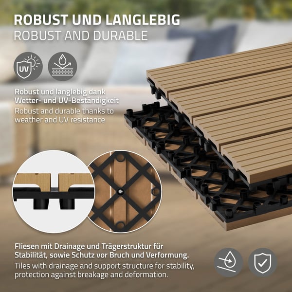 ECD Germany WPC terrassefliser 30x30 cm 22 stk. Besparelsessæt til 2m² teak i træ kig efter havebalkongulve med dræning og kliksystem terrassebord