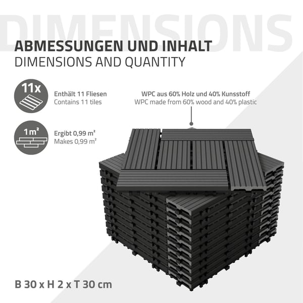 ECD Germany WPC terrassefliser 30x30cm 22-delt sæt til 2m ² antracit mosaik træ look til havebalkongulve med dræning kliksystem terrassebord