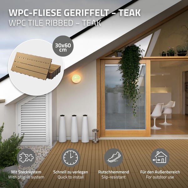 ECD Germany WPC terrassefliser 60x30 cm 22 stykker økonomisæt til 4m² teak i træ kig efter havebalkongulve med dræning og kliksystem terrassebord