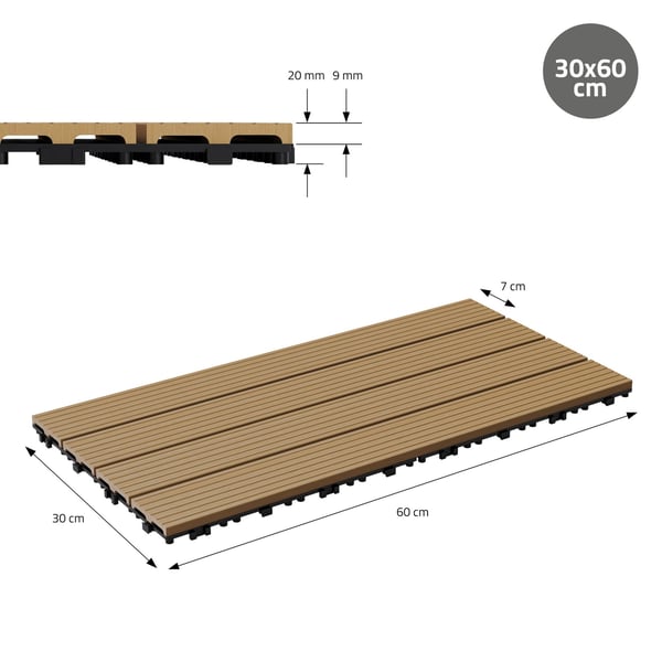 ECD Germany WPC terrassefliser 60x30 cm 22 stykker økonomisæt til 4m² teak i træ kig efter havebalkongulve med dræning og kliksystem terrassebord