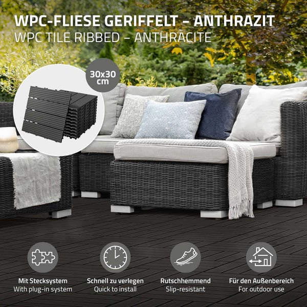 ECD Germany WPC terrassefliser 30x30 cm 33er besparelsessæt til 3m² antracit i træ kig efter havebalkongulve med dræning og kliksystem terrassebord
