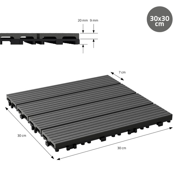 ECD Germany WPC terrassefliser 30x30 cm 33er besparelsessæt til 3m² antracit i træ kig efter havebalkongulve med dræning og kliksystem terrassebord