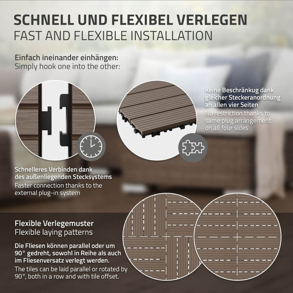 ECD Germany WPC terrassefliser 30x30 cm 44-delt sæt til 4m² mørkebrun i træ kig efter havebalkongulve med dræning, kliksystem terrassegulv altanfliser