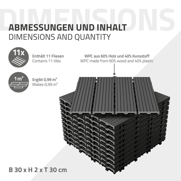 ECD Germany WPC terrassefliser 30x30 cm 55er besparelsessæt til 5m² antracit i træ kig efter havebalkongulve med dræning og kliksystem terrassebord