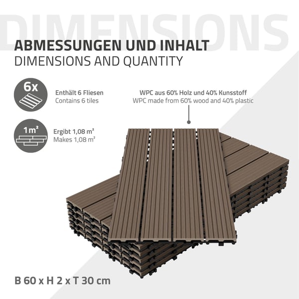 ECD Germany WPC terrassefliser 60x30cm 28-delt sæt til 5m ² mørkebrunt i træ kig efter havebalkongulve med dræning og kliksystem terrassebord
