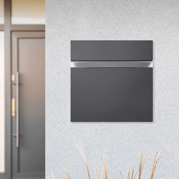 ECD Germany moderni design-postilaatikko sanomalehtilokerolla 37x11x36,5 cm teräsjauhemaalattua antrasiittiharmaata, sis. 2 avainta,