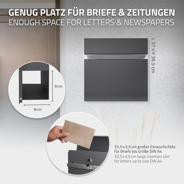 ECD Germany moderne design brevkasse med avisrum 37x11x36,5 cm lavet af stål pulverlakeret antracitgrå inkl. 2 nøgler, monteringsmateriale -