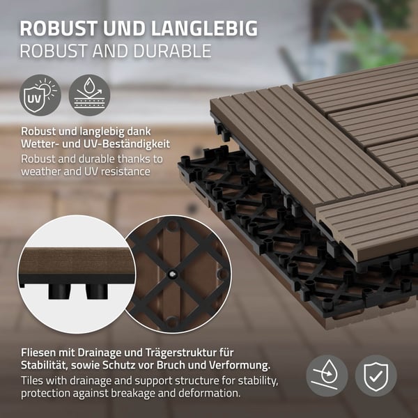 ECD Germany WPC terrassefliser 30x30cm 33er besparelsessæt til 3m² mørkebrun mosaiktræ kig efter havebalkongulve med dræning kliksystem terrassebord