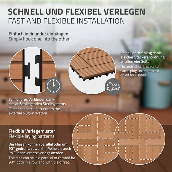 ECD Germany WPC terrassefliser 30x30 cm 44er besparelsessæt til 4m² lysebrun mosaiktræ look til havebalkongulve med dræning kliksystem terrassebord