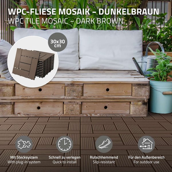 ECD Germany WPC terrassefliser 30x30cm 22 dele besparelsessæt til 2m ² mørkebrun mosaiktræ look til havebalkongulve med dræning kliksystem
