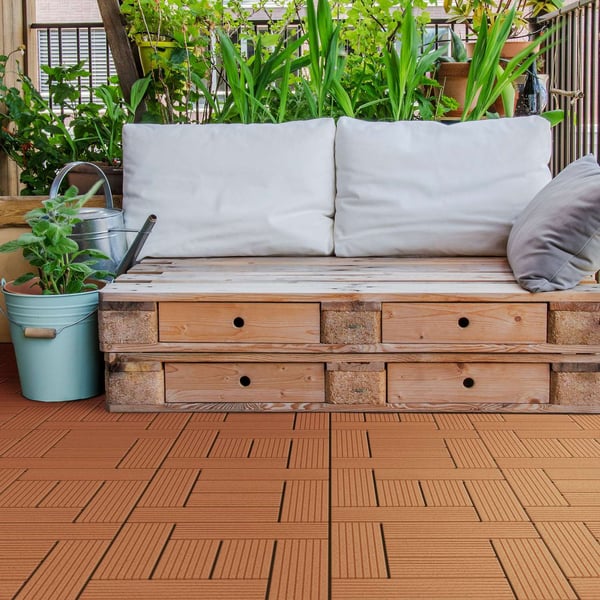 ECD Germany WPC terrassefliser 30x30 cm besparelsessæt på 33 til 3m² lysebrun mosaiktræ look til havebalkongulve med dræning kliksystem terrassebord