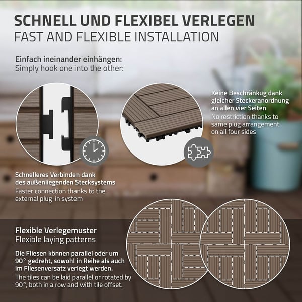 ECD Germany WPC terrassefliser 30x30cm 44-delt sæt til 4m ² mørkebrun mosaiktræ look til havebalkongulve med dræning kliksystem terrassegulv