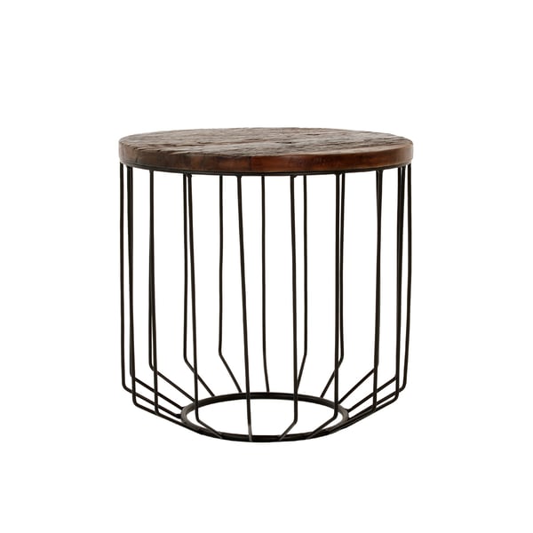 WOMO-DESIGN design-sivupöytä pyöreä Ø 50 x 50 cm luonnon massiivipuuta kierrätettyä puuta Metallikehys Metallinen kori musta Moderni olohuoneen pöytä