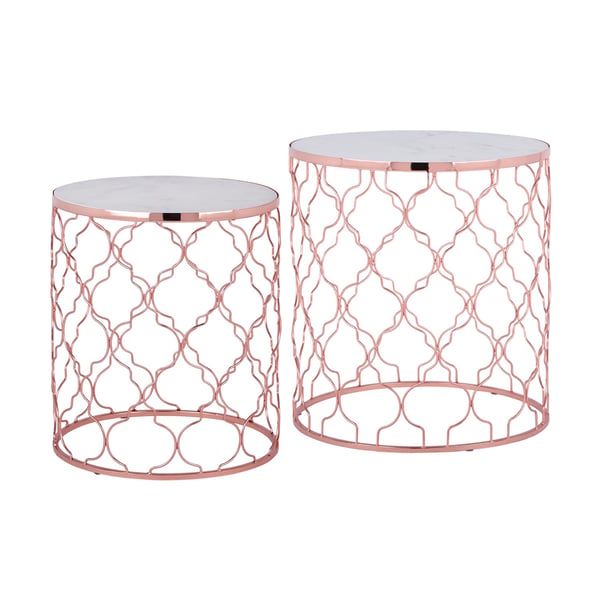 WOMO-DESIGN design -sivupöytä 2 Ø40 / Ø45 cm, valkoinen Banswara marmori / kupari metalli, olohuone pöytä marmori / kupari metallikehys, pyöreä