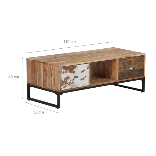 WOMO-DESIGN tv Lowboard Taipei cm 2 laatikkoa 110x50x40, massiivipuuta Acacia ja nousevien puu-, metalli- jalat, nahka, teollinen muotoilu