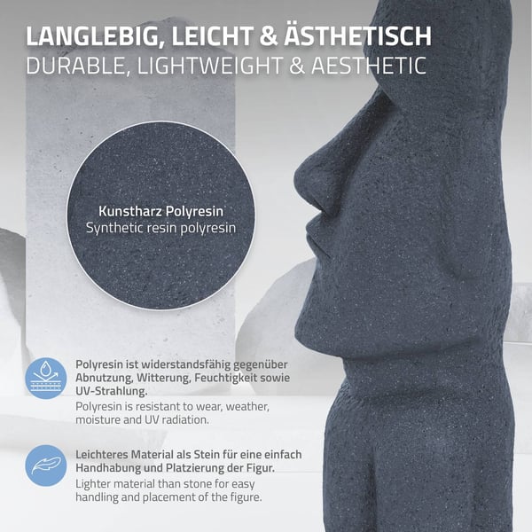 ECD Germany MOAI RAPA NUI HEAD Figur 56cm Høj, lavet af vejrbestandig stenstøbning harpiks, grå, påskeø Statue som dekoration til Home & Garden