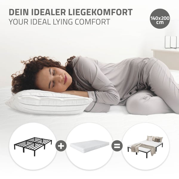 ML Design metal seng 140x200cm på stålramme med slattedramme, sort, sengelamme lavet af metal, robust, lysmontering, seng til soveværelse
