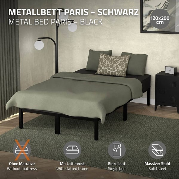ML Design metal seng 120x200cm på stålramme med slattedramme, sort, sengelamme lavet af metal, robust, lysmontering, seng til børns soveværelse
