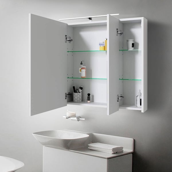 ML Design Spejlskab Badeværelse 3-Dør med LED-belysning, stikkontakt, Light Switch og 6 Højdejusterbare Glaspaneler, 90,4x72x15 cm, Hvid