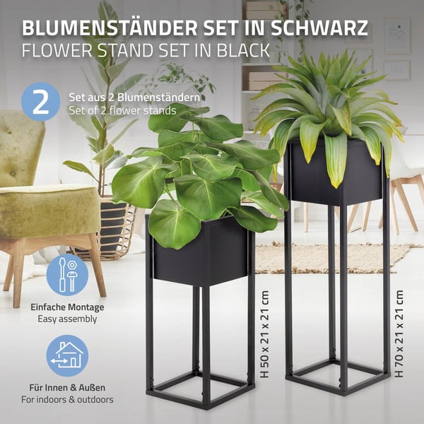 ML Design planteholder i et sæt af 2, sort, 21 x 50/70 x 21 cm, moderne blomsterpotteholder med gryde, vejrfast og robust metalstator