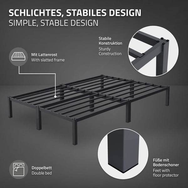 ML Design metal seng 140x200cm på stålramme med slattedramme, antracit, metal seng ramme, robust, lysmontering, seng til soveværelse af teenagere