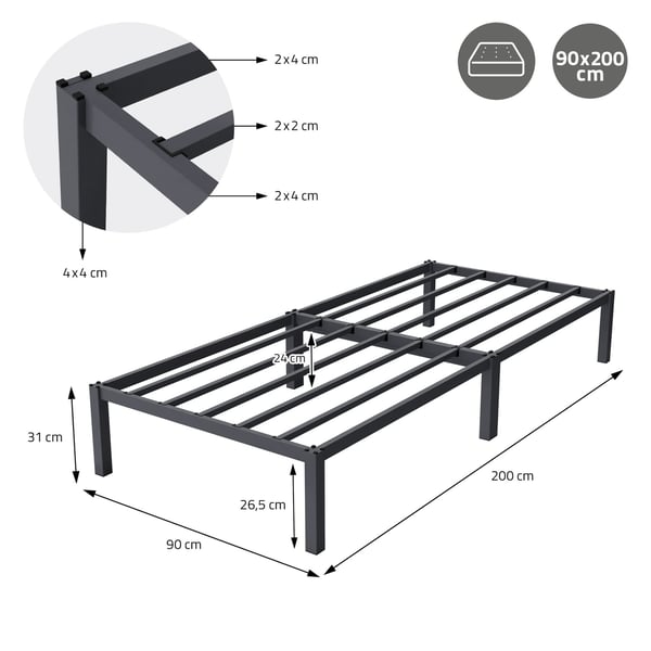 ML Design metal seng 90x200cm på stålramme med slattedramme, antracit, metal seng ramme, robust, lysmontering, seng til børns, ungdom seng gæsteseng