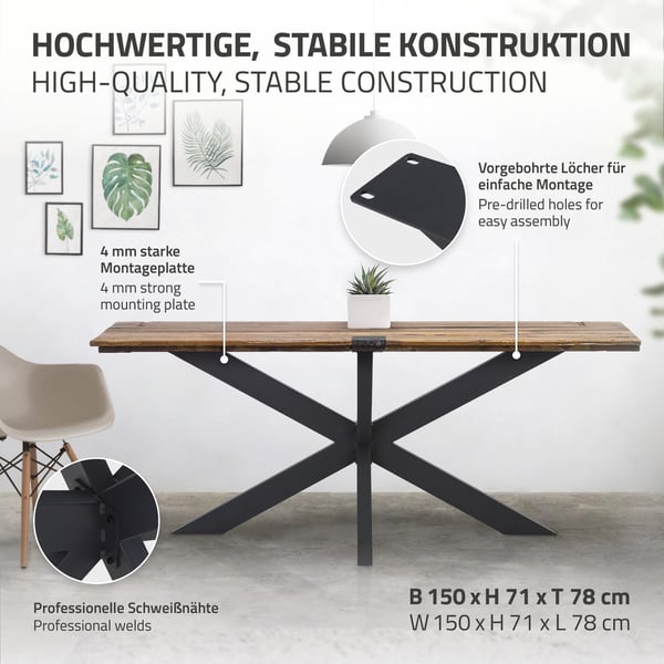 ML Design bordsram spindel 78x71x150cm, svart, kryssning kors x-design bord fötter möbler fötter, tungt bordssköter stål, metall bordben