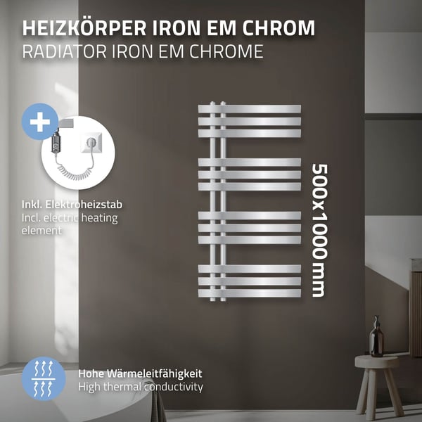 500 x 1000mm IRON EM DESIGN Radiatorvarme væg ELTILSLUTNING CHROME 50mm 600W