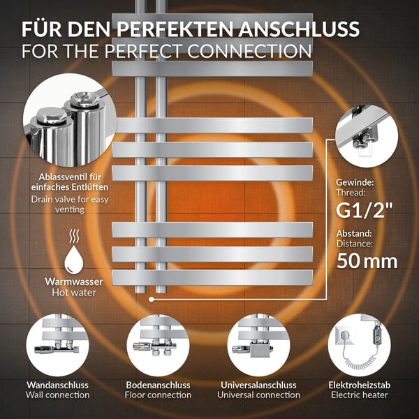 ECD Germany Design Håndklæde Iron EM - 500 x 1000 mm - Chrome - radiator håndklædevarmer Håndklæde Eck