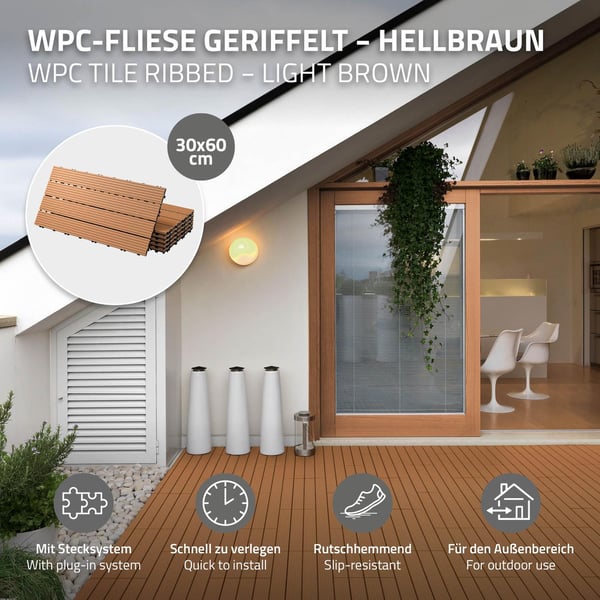 ECD Germany WPC terrassefliser 60x30 cm 11er besparelsessæt til 2m² lysebrun i træ kig efter havebalkongulve med dræning og kliksystem terrassegulv