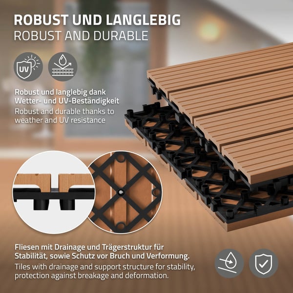 ECD Germany WPC terrassefliser 60x30 cm 11er besparelsessæt til 2m² lysebrun i træ kig efter havebalkongulve med dræning og kliksystem terrassegulv